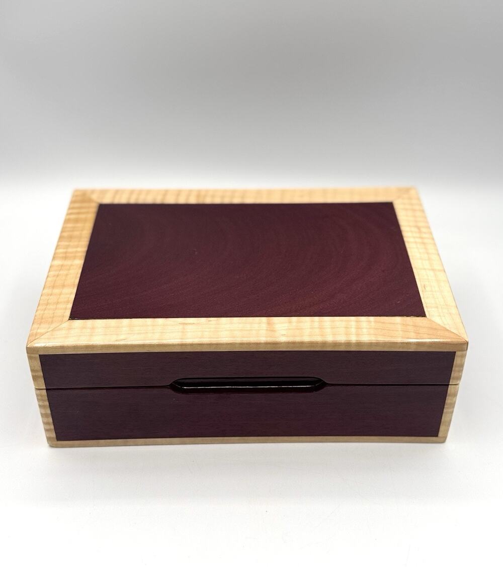 Handmade Purple Heart & Flame Maple Wood Box Hinged Ambrosia Lined Signed Read